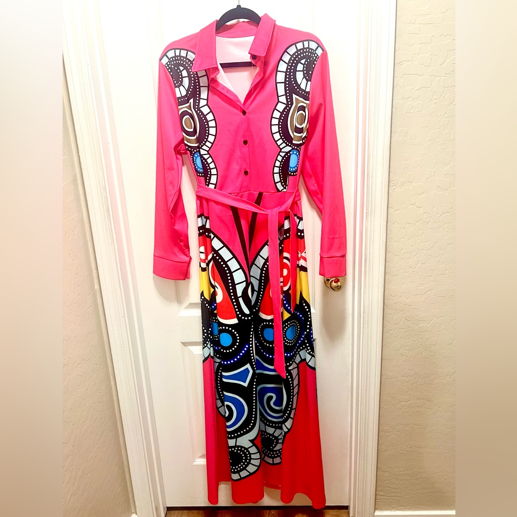 Maxi Dress With Buttons And Belt. Butterfly Print On Front And Back.
